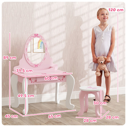 Kids Dressing Table Set, Vanity Table with Stool, Mirror, Drawer, Desktop, Storage, Ballet-Theme, Pink