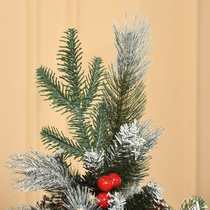 5FT Artificial Snow Dipped Christmas Tree Xmas Pencil Tree Holiday Home Party Decoration with Foldable Feet Red Berries White