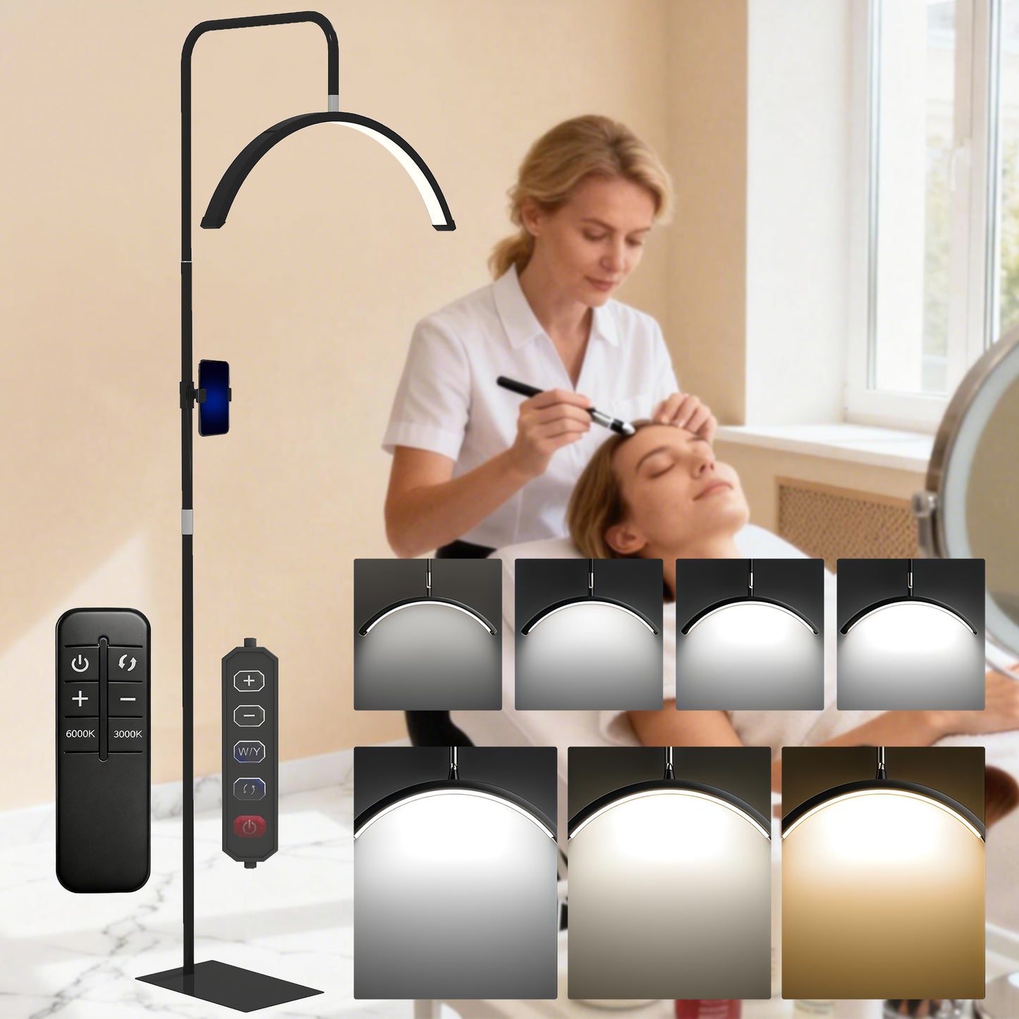 Half Moon Lash Light, 350° Rotatable Head, 7 Colours, Dimmable Beauty Floor Lamp, Black