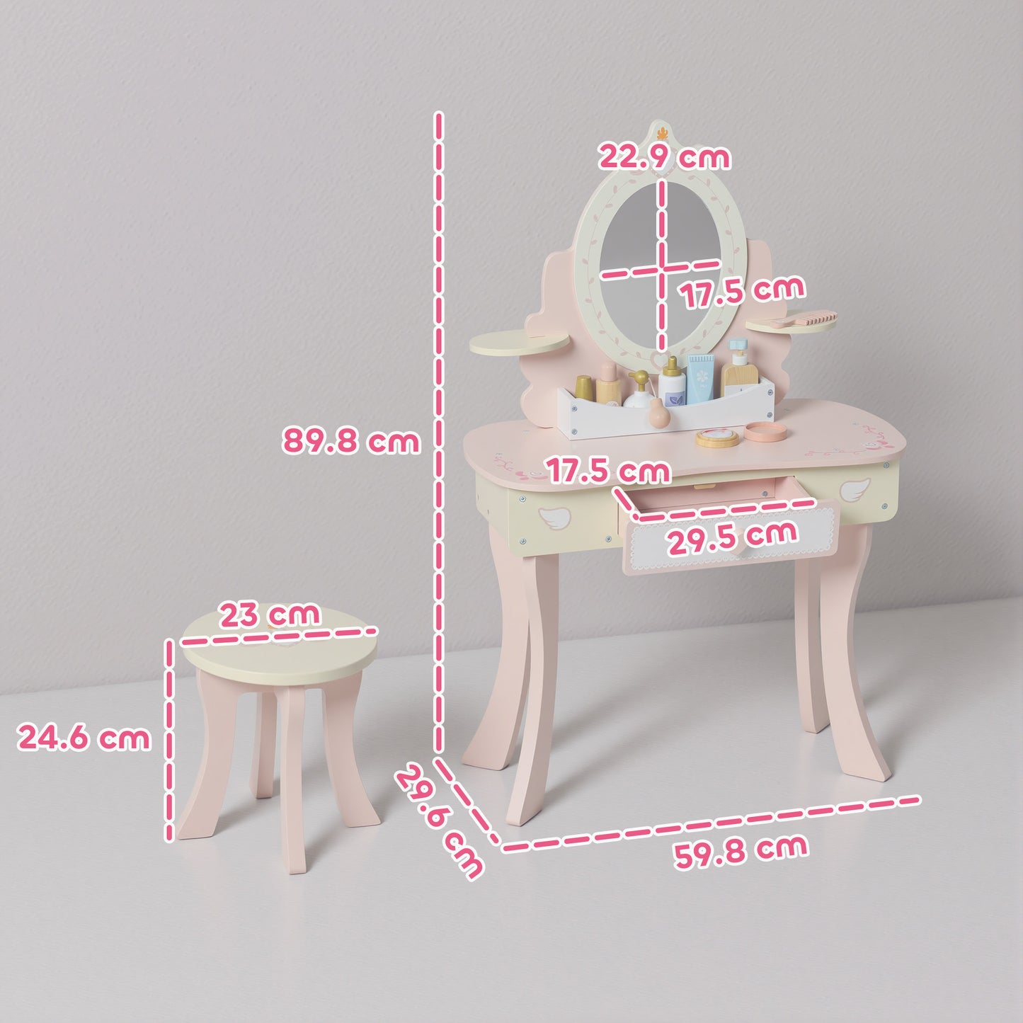 Kids Dressing Table, Girls Vanity Set with Mirror and Stool, 7 Play Accessories, Drawer, Desktop Storage, Pink