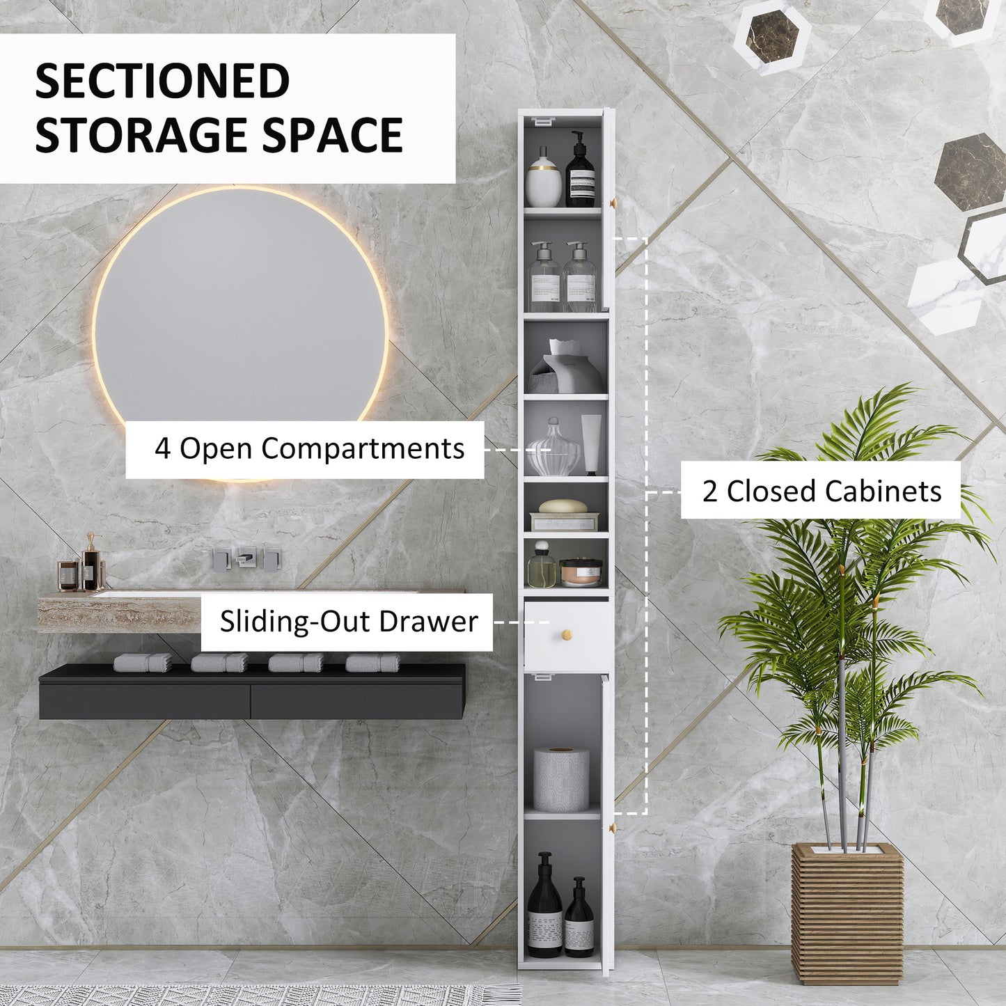 178 cm Narrow Tall Bathroom Cabinet - White