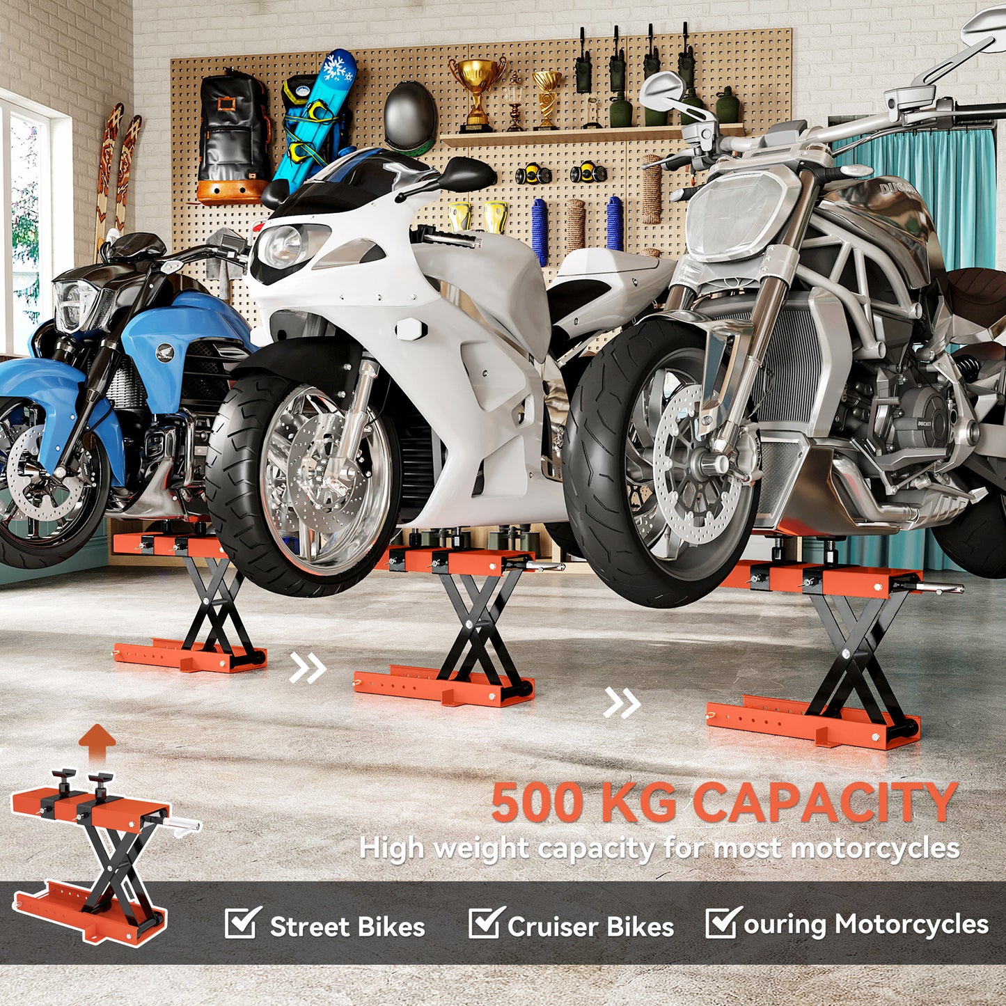 500 kg Motorcycle Scissor Lift Jack, Heavy Duty Steel Adjustable Motorbike Lifting Hoist Stand with Safety Pin