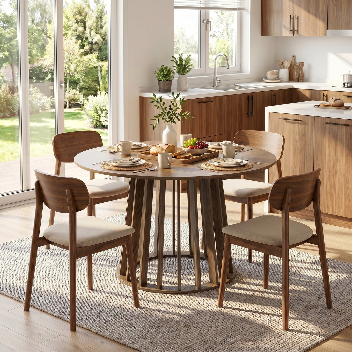Dining Table for 4-6 People Modern Kitchen Table with Slatted Base 120 cm Round Light Walnut