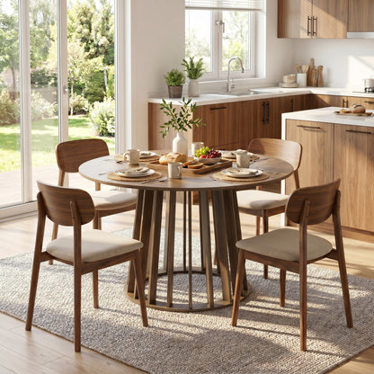 Dining Table for 4-6 People Modern Kitchen Table with Slatted Base 120 cm Round Light Walnut