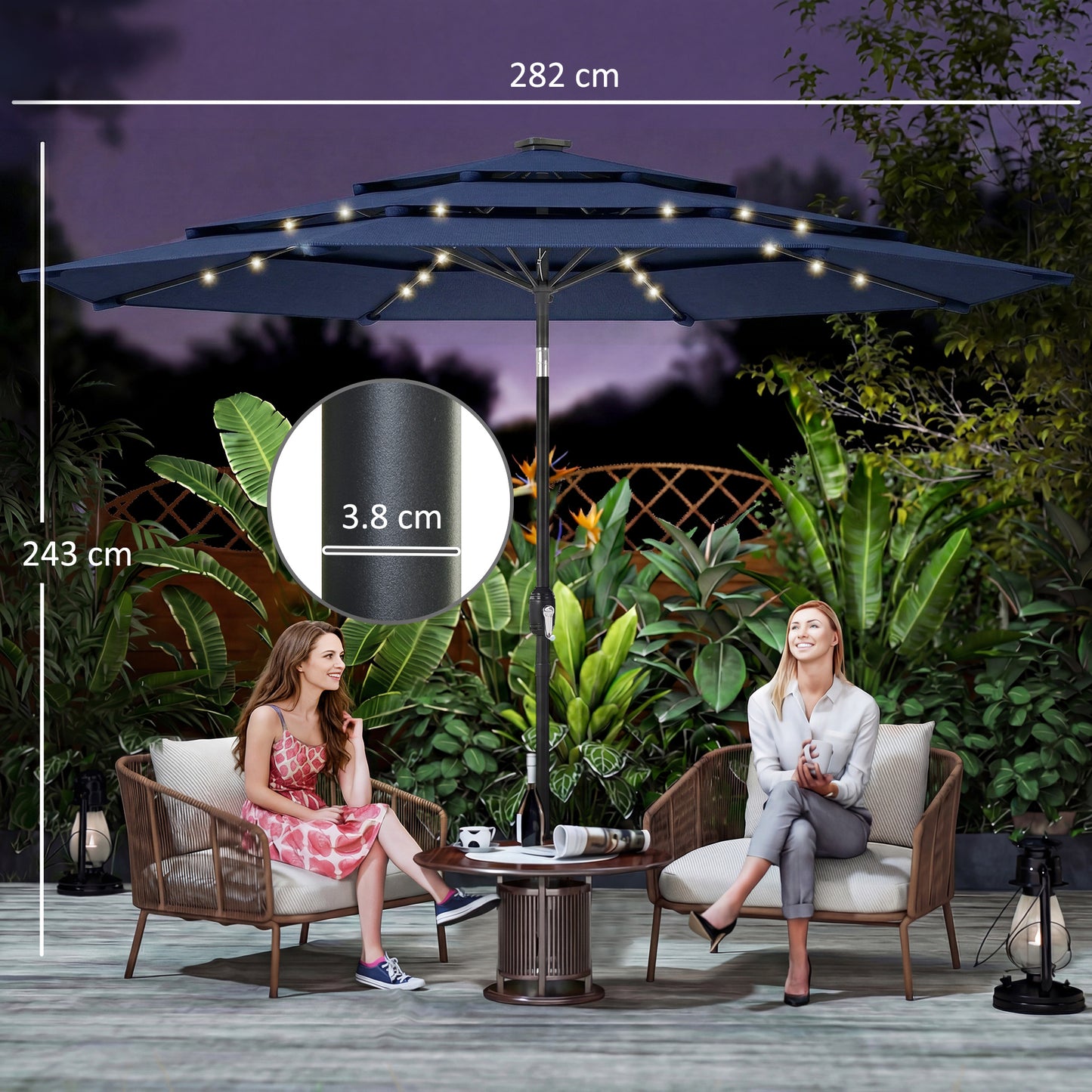 2.8 m Garden Parasol Umbrella with LED Solar Light, Parasol Cover, 3 Tier Outdoor Table Market Patio Umbrella, Navy Blue