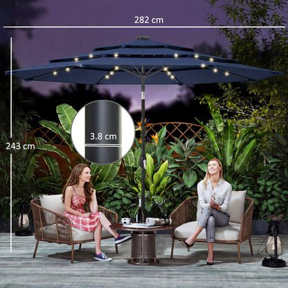 2.8 m Garden Parasol Umbrella with LED Solar Light, Parasol Cover, 3 Tier Outdoor Table Market Patio Umbrella, Navy Blue