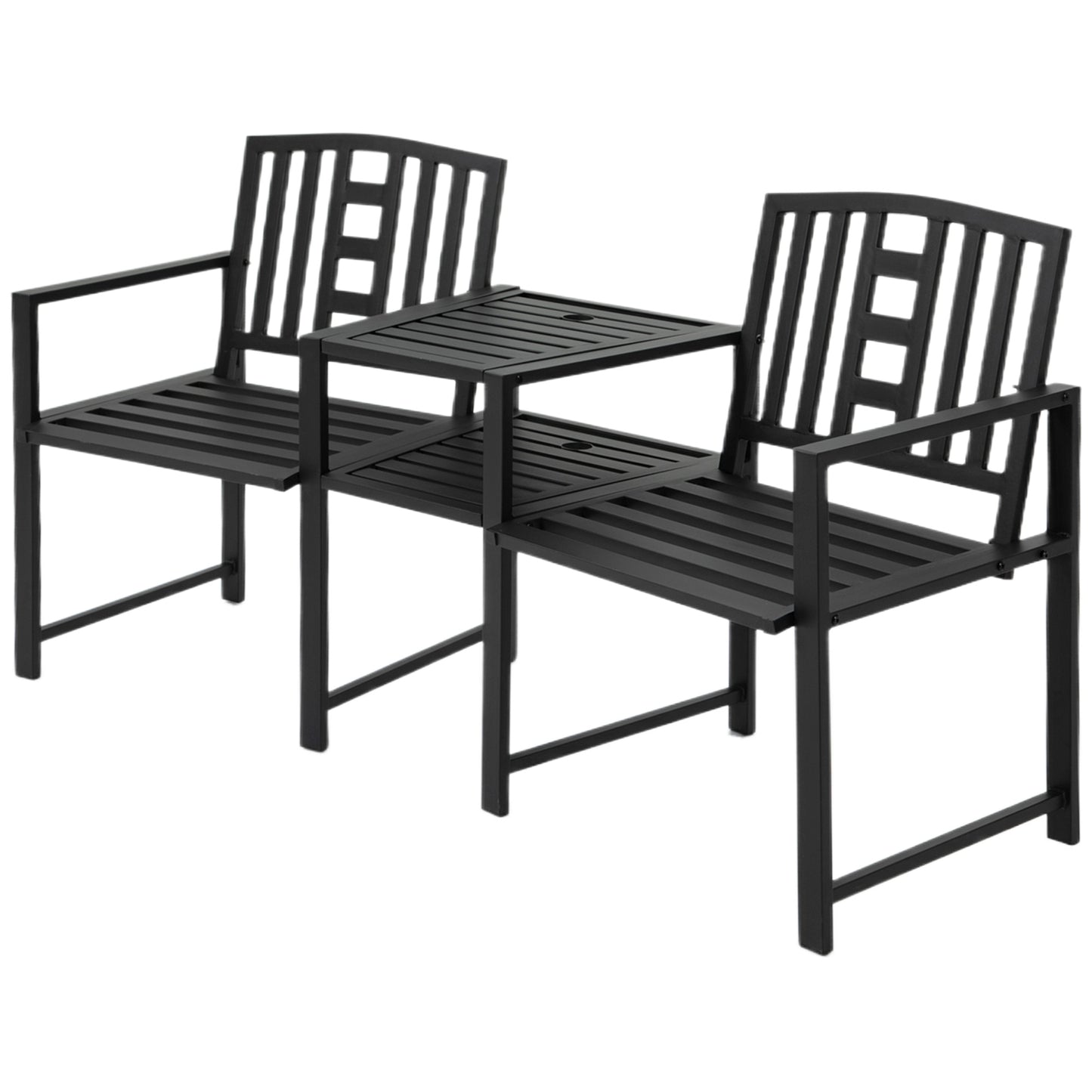 2 Seat Garden Chair Bench Loveseats Jack and Jill Seat w/Coffee Table Slatted Design Patio Yard