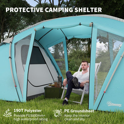 4-6 Man Family Camping Tent w/ 2 Bedrooms and a Living Room, Waterproof Tunnel Tent w/ Sewn In Groundsheet, Doors, Windows