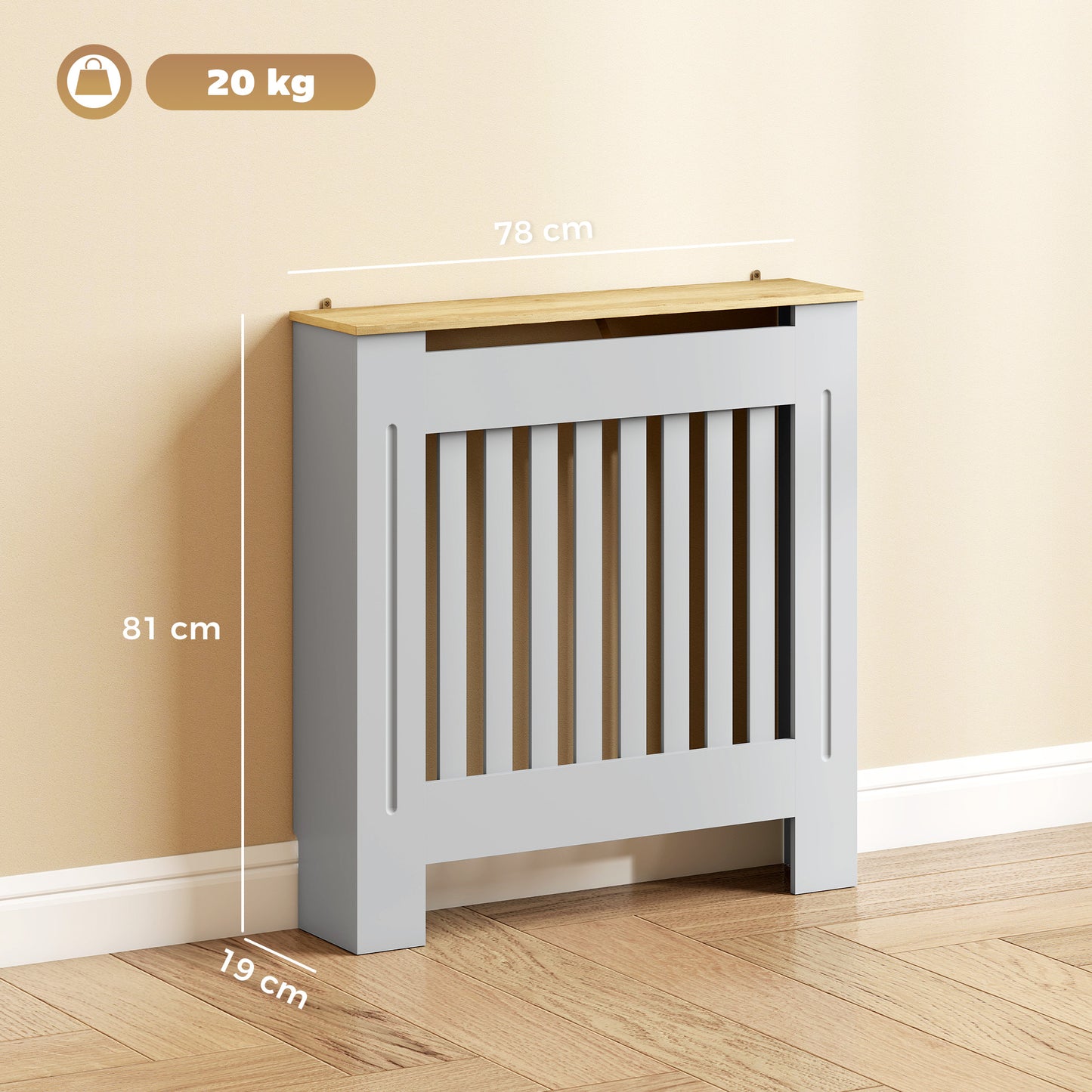 Heater Cover, Radiator Cover Slatted Painted MDF Lined Grill Grey, 78L x 19W x 81H cm