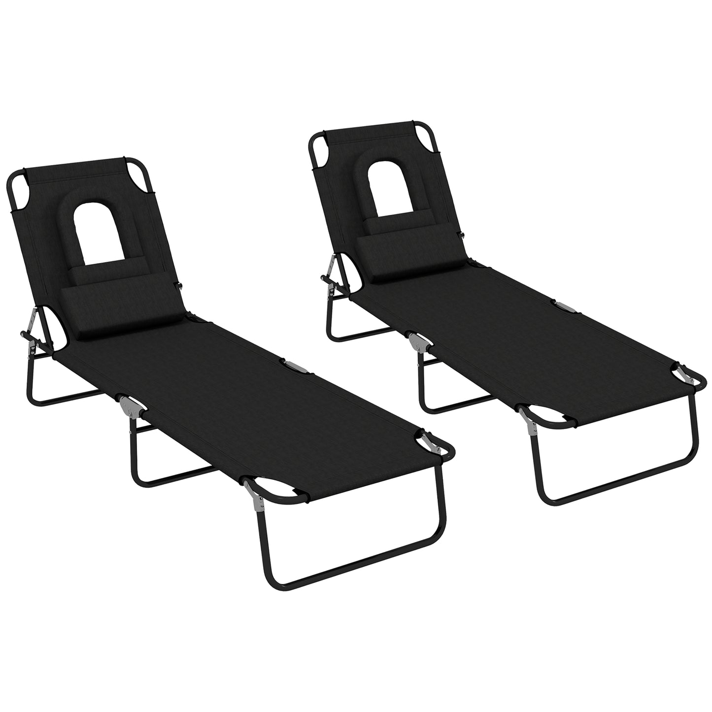 Folding Sun Loungers Set of 2 with Face Hole, 4-Position Adjustable Backrest Garden Recliner Chair Sunbed