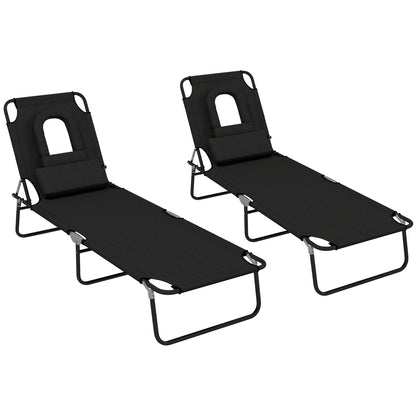 Folding Sun Loungers Set of 2 with Face Hole, 4-Position Adjustable Backrest Garden Recliner Chair Sunbed