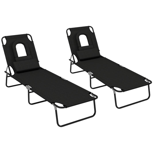 Folding Sun Loungers Set of 2 with Face Hole, 4-Position Adjustable Backrest Garden Recliner Chair Sunbed