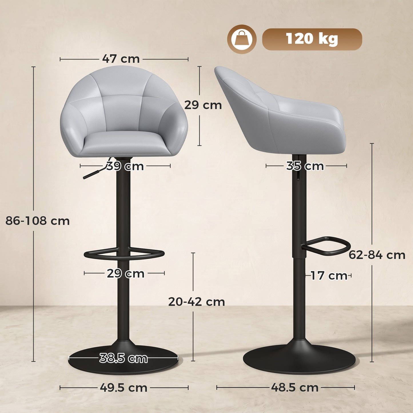Bar Stools Adjustable Heights Breakfast Bar Stools Backrest Armrests Set of 2 with Rubber Ring Metal Base, Grey