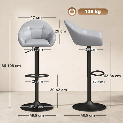 Bar Stools Adjustable Heights Breakfast Bar Stools Backrest Armrests Set of 2 with Rubber Ring Metal Base, Grey