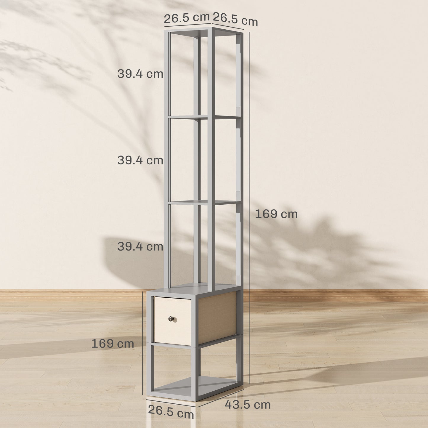Floor Lamp with Shelves, LED Column Modern Standing Lamp with Fabric Drawer, Adjustable Brightness