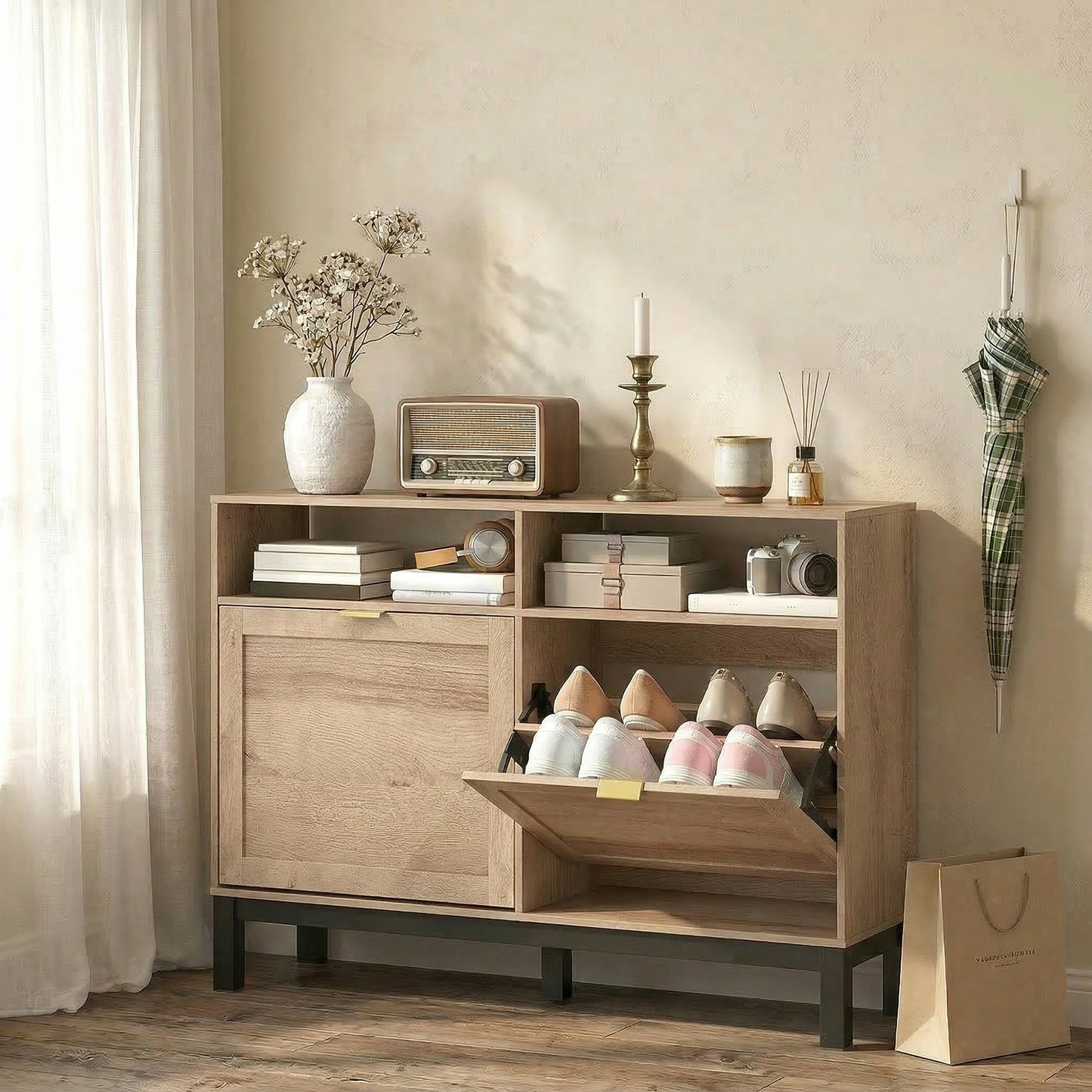Shoe Cabinet with 2 Flip Drawers, Narrow Shoe Storage Top for Entryway Hallway, Walnut Brown