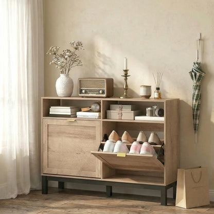 Shoe Cabinet with 2 Flip Drawers, Narrow Shoe Storage Top for Entryway Hallway, Walnut Brown