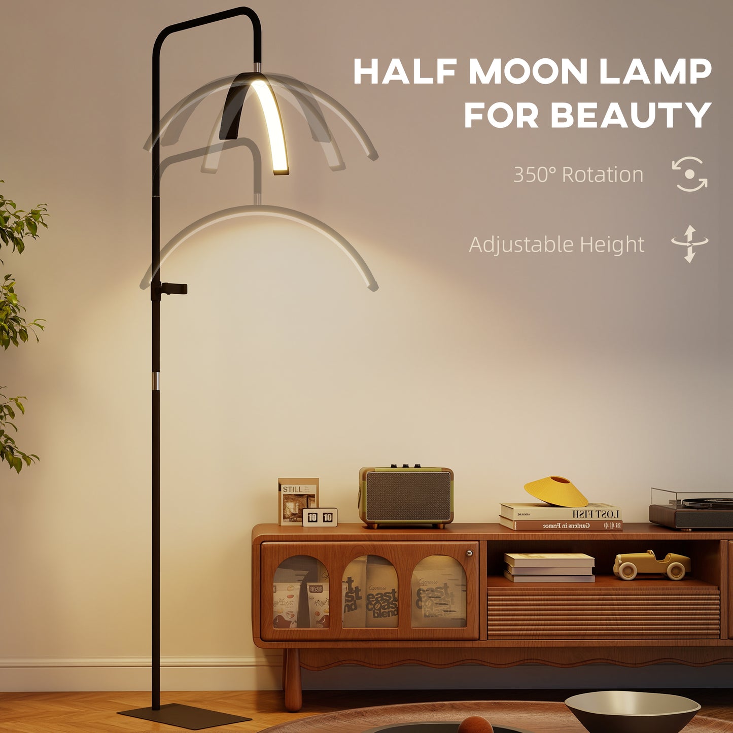 Half Moon Lash Light, 350° Rotatable Head, 7 Colours, Dimmable Beauty Floor Lamp, Black