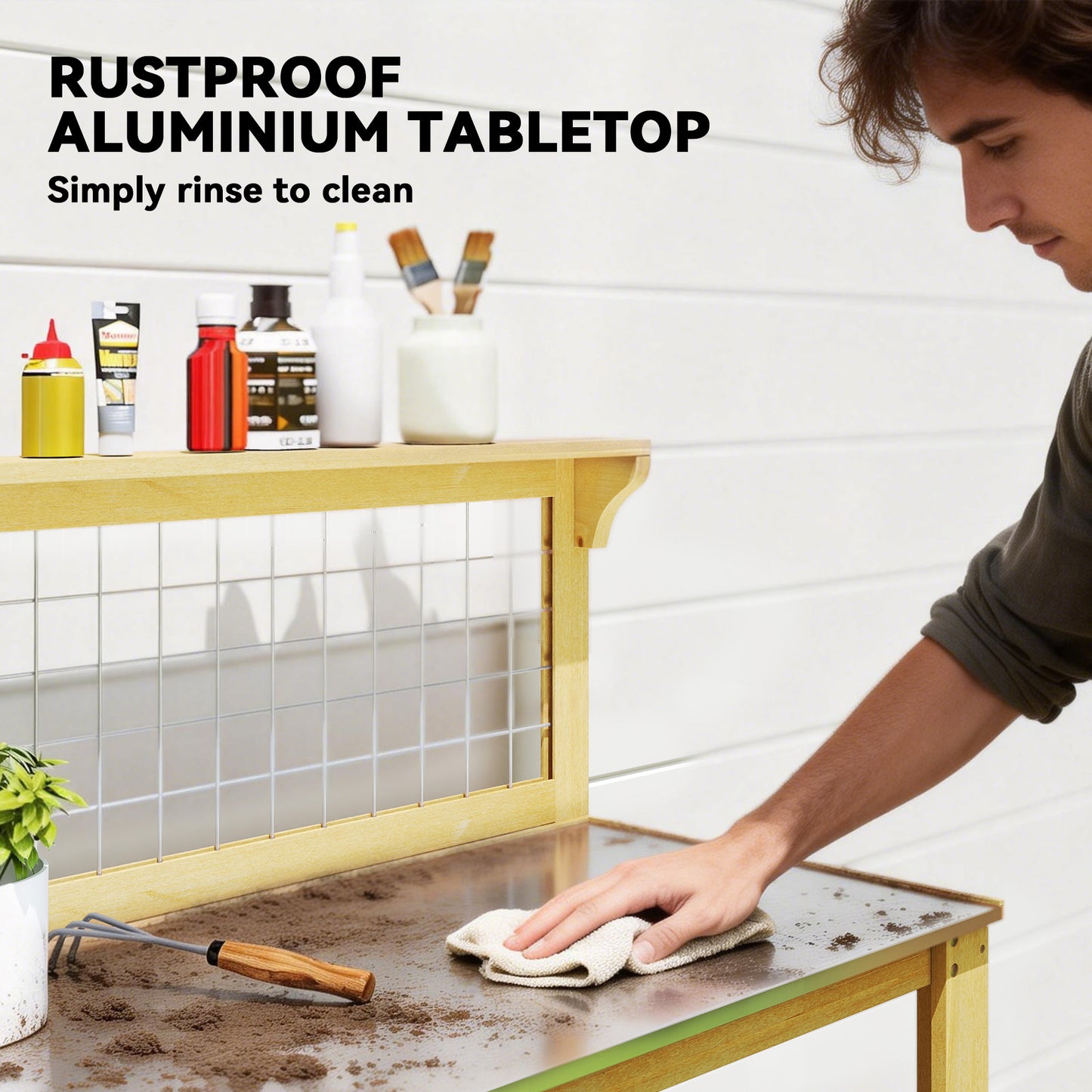 Wooden Potting Bench Table with Aluminium Worktop, Outdoor Garden Workbench with 2 Shelves