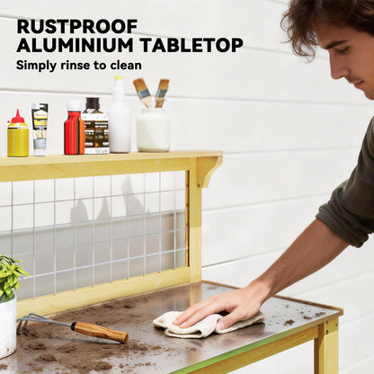 Wooden Potting Bench Table with Aluminium Worktop, Outdoor Garden Workbench with 2 Shelves