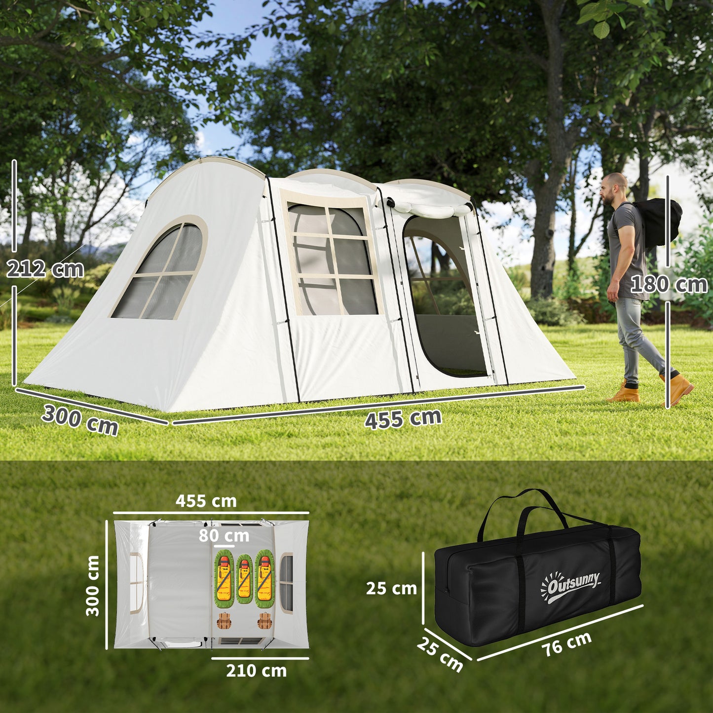 4 Man Tunnel Tent, Family Camping Tent with Porch, Bedroom and Living Area, Sewn in Groundsheet, 3000mm Waterproof