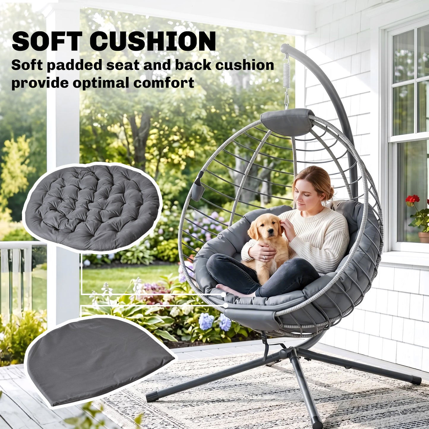 PE Rattan Swing Chair, Outdoor Hanging Chair with Metal Stand, Thick Padded Cushion, Foldable Basket and Cup Holder