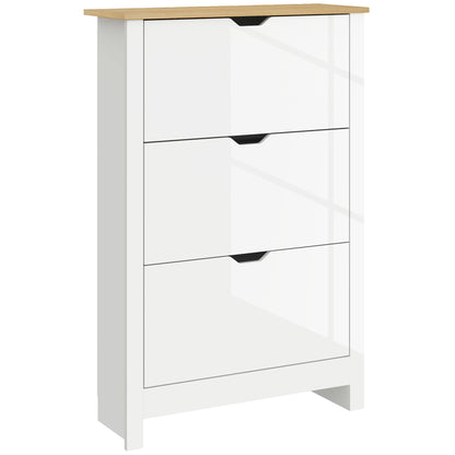 Slim Shoe Cabinet, Narrow Shoe Cupboard with 3 Flip Drawers, Adjustable Shelves for 18 Pairs of Shoes, High Gloss White