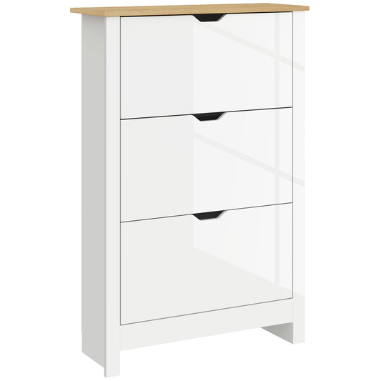 Slim Shoe Cabinet, Narrow Shoe Cupboard with 3 Flip Drawers, Adjustable Shelves for 18 Pairs of Shoes, High Gloss White