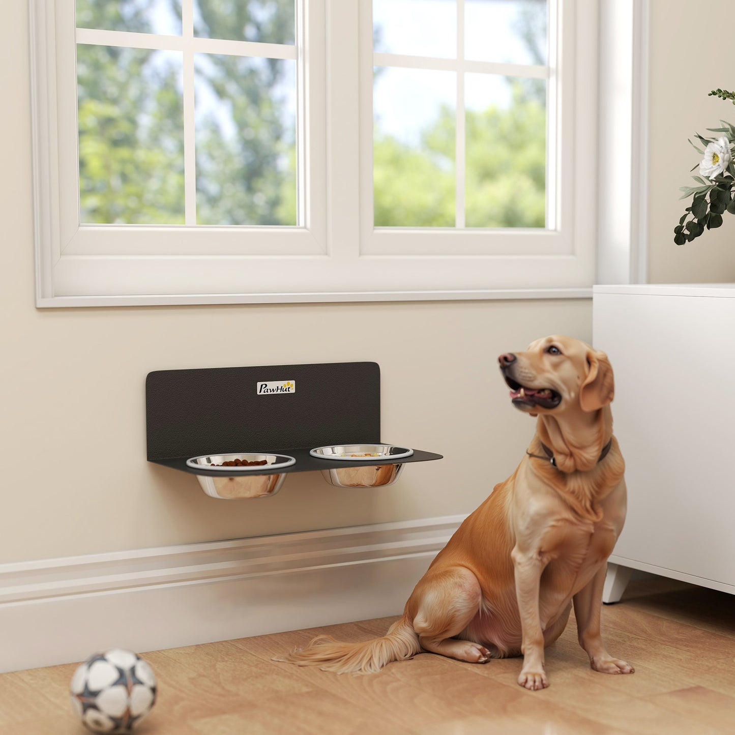 Wall Mount Dog Bowls, Adjustable Height Raised Dog Feeding Station with 2 Stainless Steel Bowls, 10kg Capacity, Black