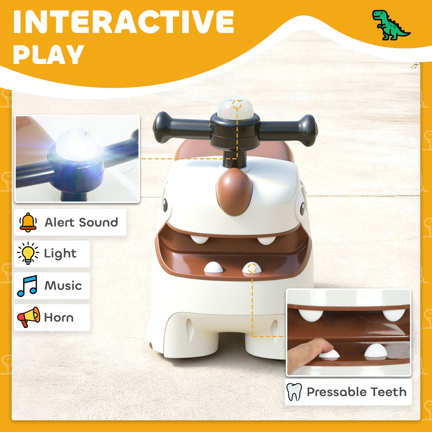 Kids Ride On Car, Dinosaur Foot to Floor Slider with Storage, Toddler Walker with Light, Sounds, Cream