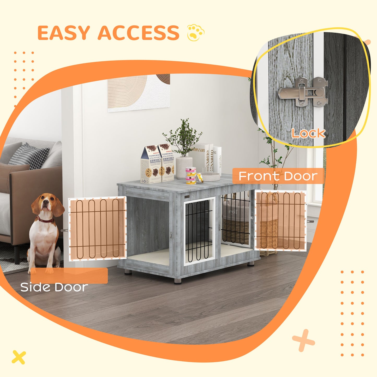 Dog Crate Furniture End Table, with Washable Cushion, Double Doors, for Medium/Large Dogs, Grey