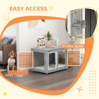 Dog Crate Furniture End Table, with Washable Cushion, Double Doors, for Medium/Large Dogs, Grey