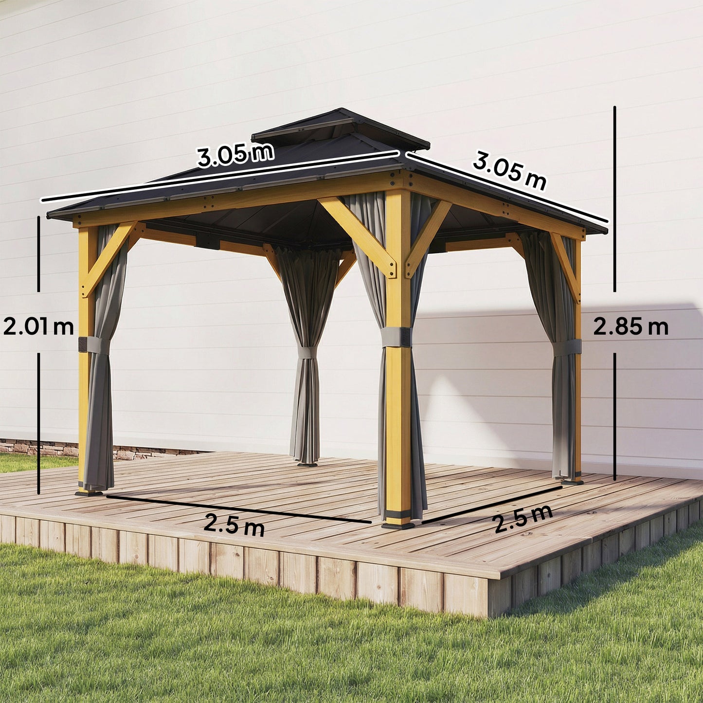 3 x 3 m Outdoor Hardtop Gazebo Canopy with 2-Tier Steel Roof, Wood Garden Gazebo with Curtains, Grey