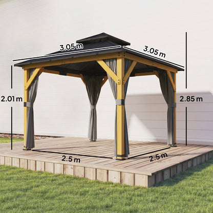 3 x 3 m Outdoor Hardtop Gazebo Canopy with 2-Tier Steel Roof, Wood Garden Gazebo with Curtains, Grey