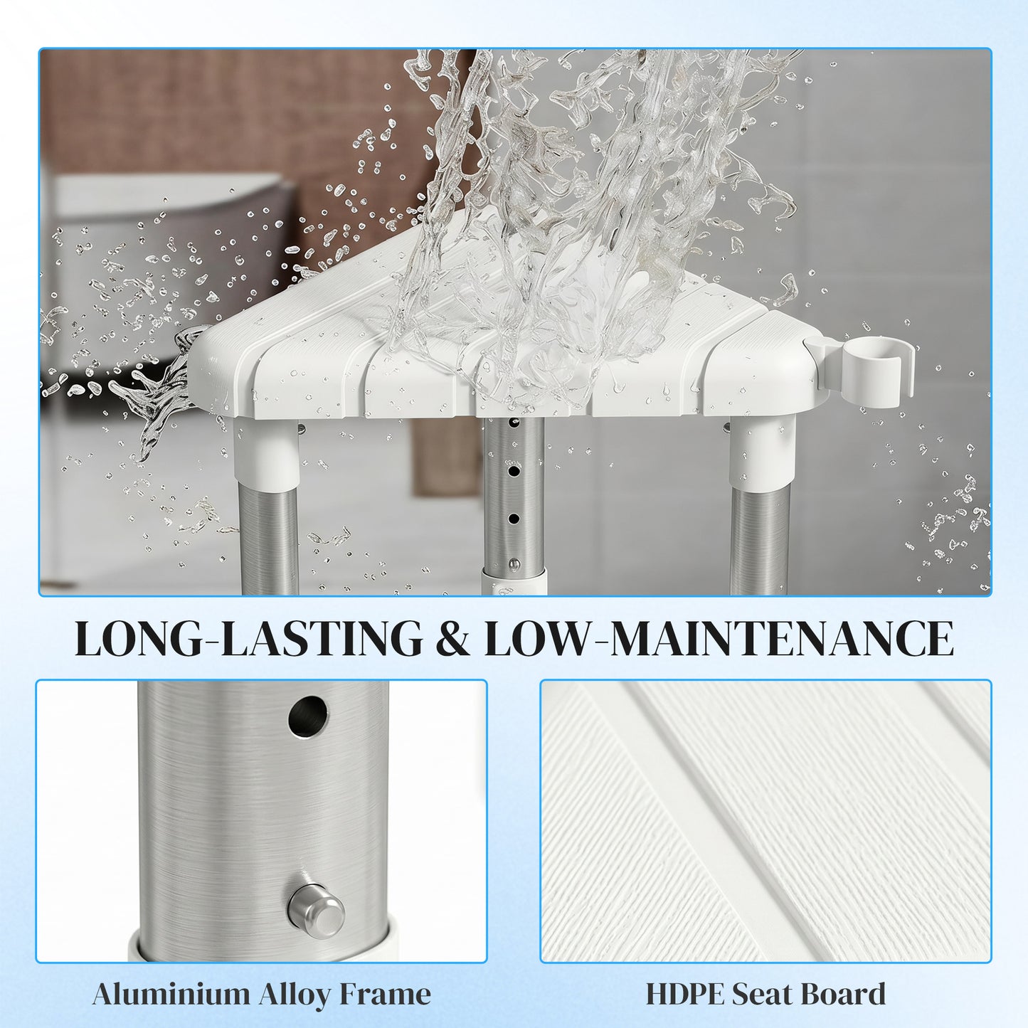 Shower Stool, Aluminium Alloy Corner Shower Chair with Storage Shelf and HDPE Seat, Adjustable Height, White