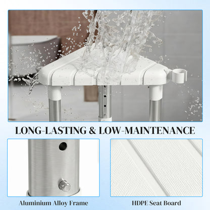 Shower Stool, Aluminium Alloy Corner Shower Chair with Storage Shelf and HDPE Seat, Adjustable Height, White