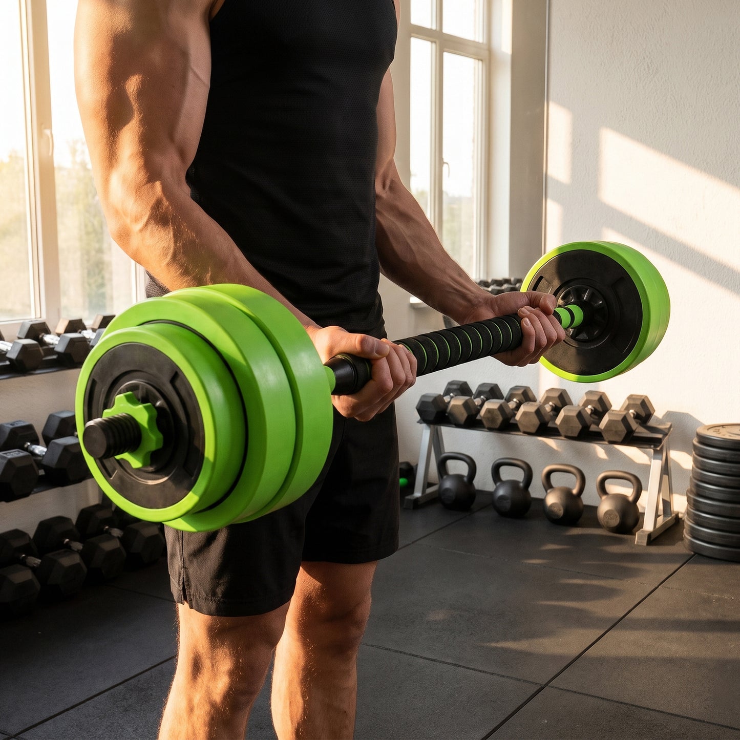 30kg 6-In-One Adjustable Weight Dumbbells Set, Barbell, Kettlebell, Push Up Stand - Green