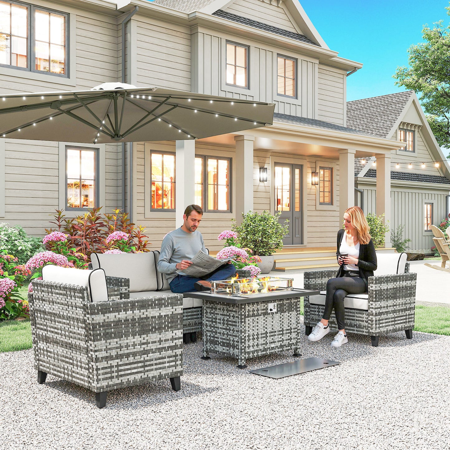 5-Piece Rattan Patio Furniture Set with Gas Fire Pit Table, Loveseat Sofa, Armchairs, Cushions, Pillows, Grey