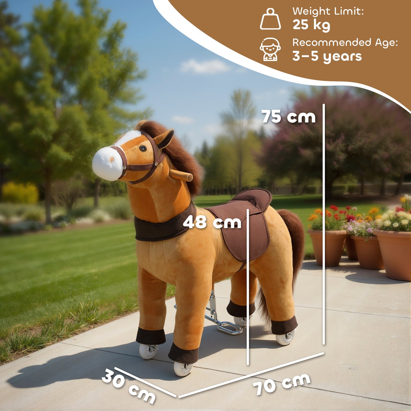 Ride On Horse, Plush Walking Horse Toy with Wheels and Saddle for Ages 3-5 Years Old, Brown