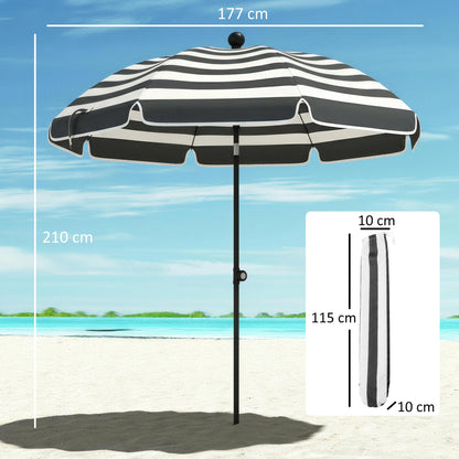1.8 m Beach Umbrella Parasol with Sand Anchor, Portable 30° Tilting Patio Sun Shade with Adjustable Height, Grey/White