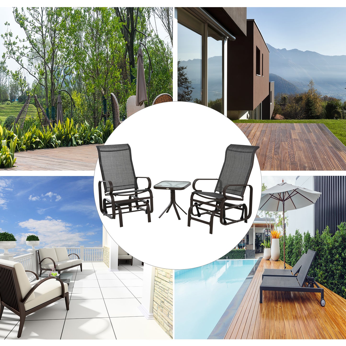 3 Pieces Garden Gliding Chair Set, Metal Frame 2 Single Armchair Swing Seater and 1 Glass Top Coffee Table w/ Breath Mesh Fab
