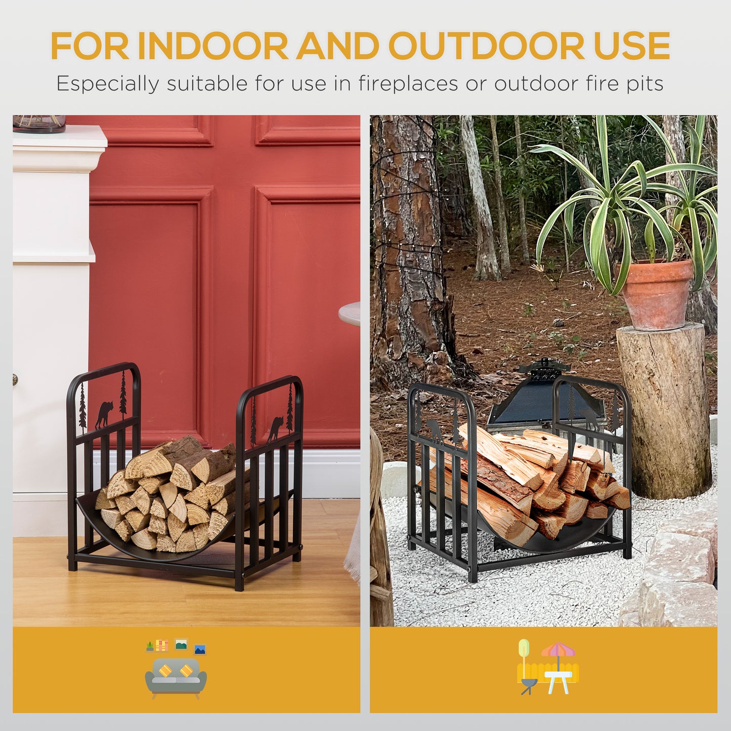 Metal Firewood Log Holder Indoor Outdoor Firewood Rack Inner Arced Fireplace Wood Storage Shelf w/ Bear Shape Design