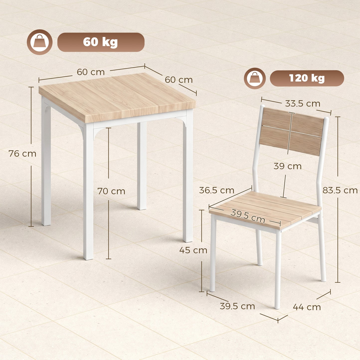 Three-Piece Minimal and Compact Dining Set, Oak Wood Effect