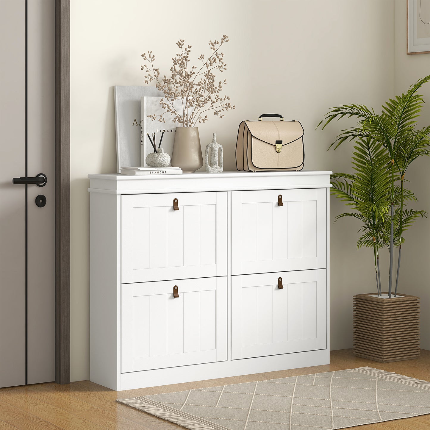 Slim Shoe Cabinet, Shoe Cabinet with 4 Drop-Down Drawers, 105W x 24D x 82.5H cm, White