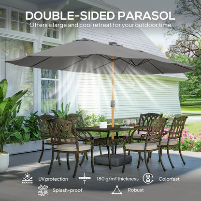 Double Sided Garden Parasol with Base Included & 48 Solar LED Lights Patio Umbrella Crank Handle 4.6m Light Grey