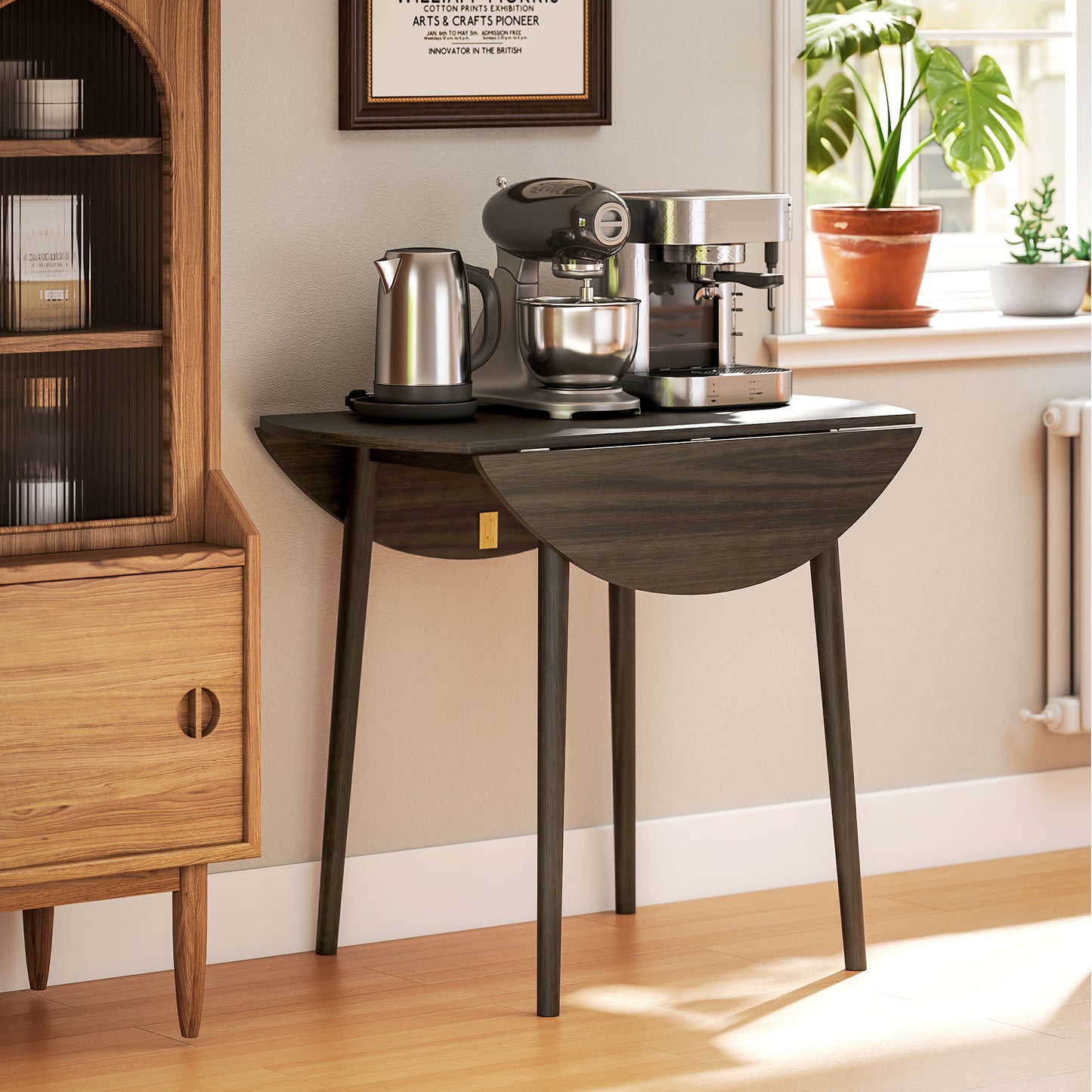 Folding Dining Table for 4, Round Drop Leaf Table, Modern Space Saving Small Kitchen Table with Wood Legs for Dining Room