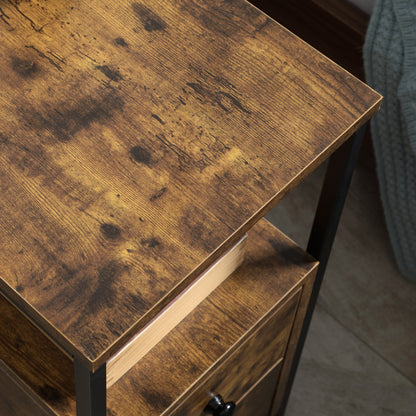Side Table, Narrow Bedside Table with 2 Drawers and Storage Shelf, Industrial End Table with Metal Frame for Small Spaces