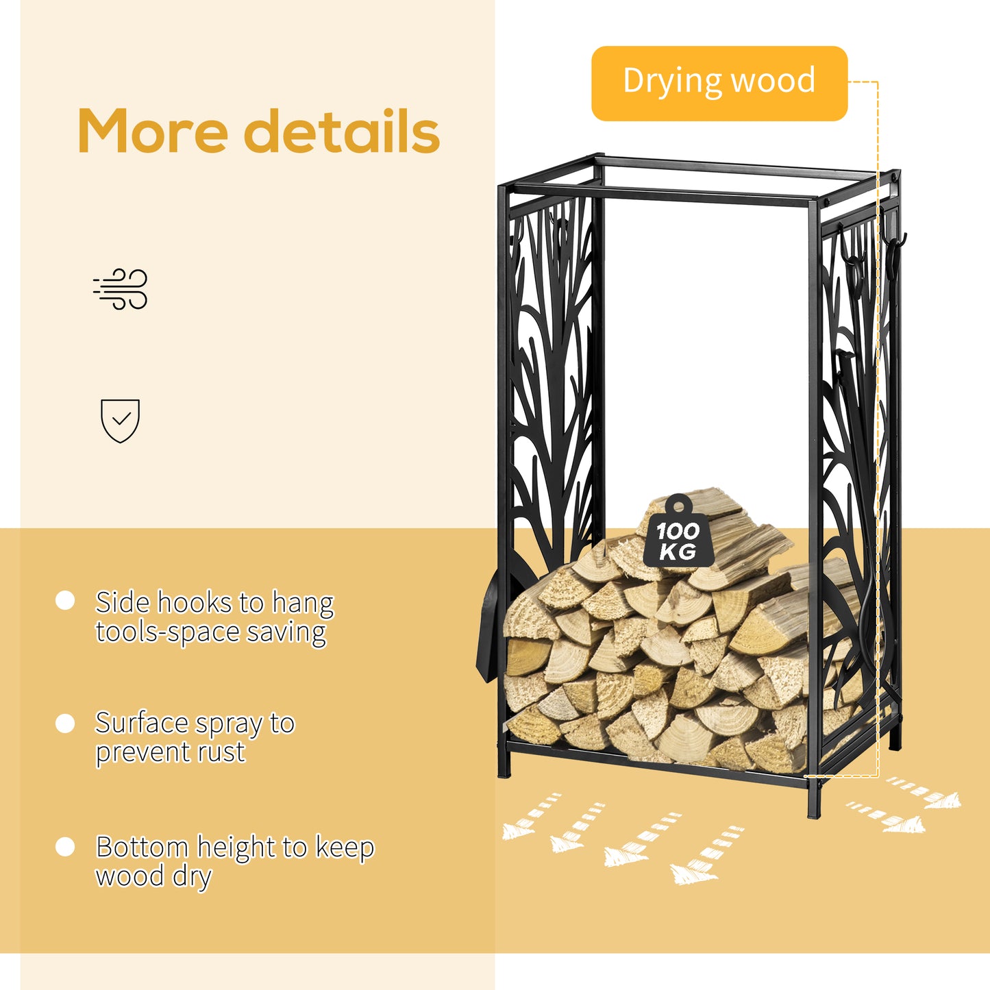 Steel Firewood Log Holder Indoor Outdoor Firewood Rack Fireplace Wood Storage Shelf with 4 Tools, Hooks, Tree Pattern Design