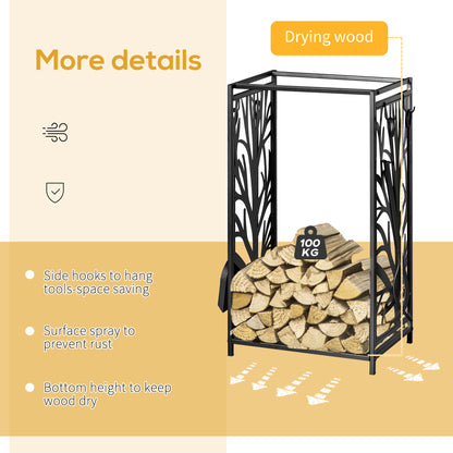 Steel Firewood Log Holder Indoor Outdoor Firewood Rack Fireplace Wood Storage Shelf with 4 Tools, Hooks, Tree Pattern Design