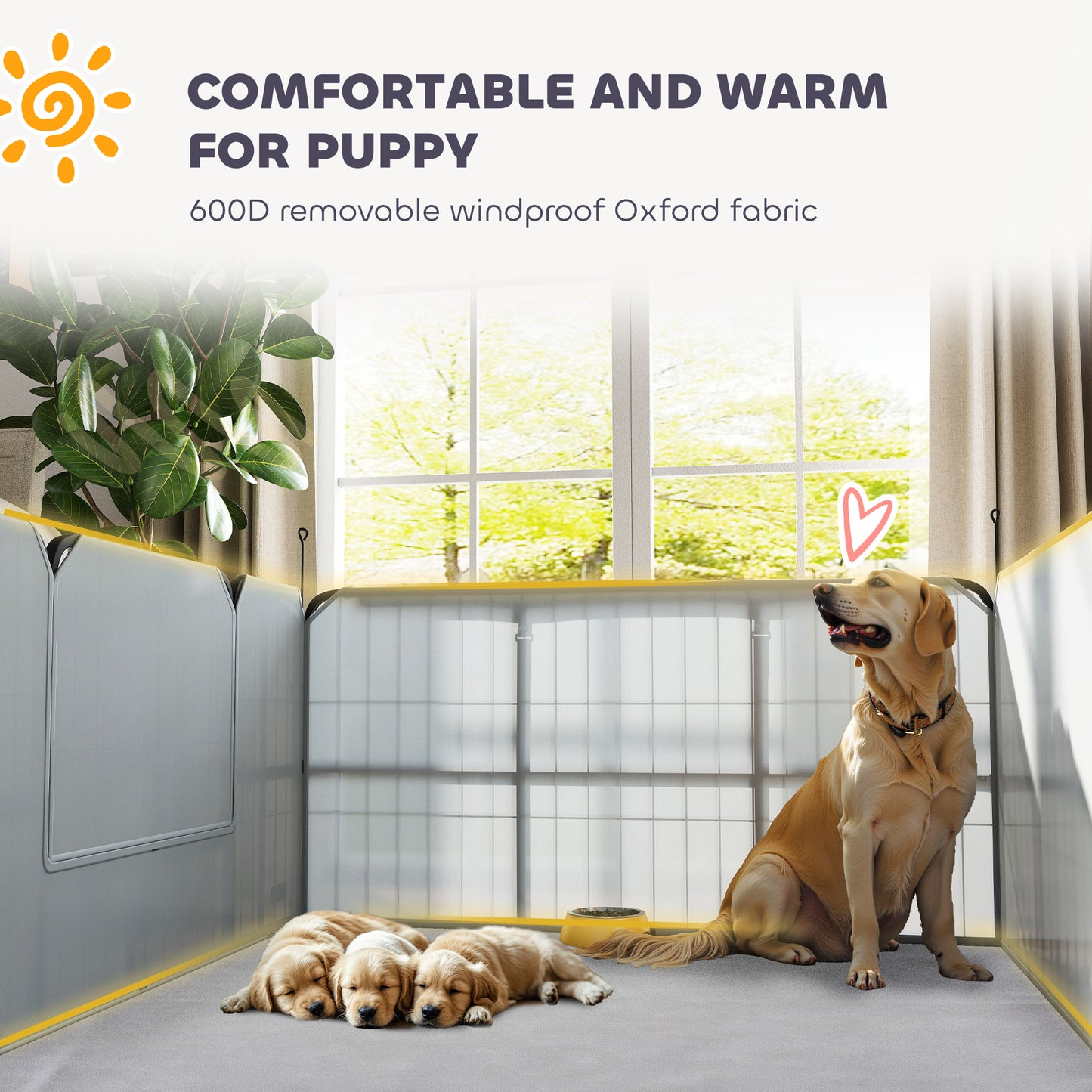 Steel Dog Whelping Box with Washable Whelping Pad, Wind-Resistant Cloth, for Small, Medium Dogs, 122 x 122 x 60cm